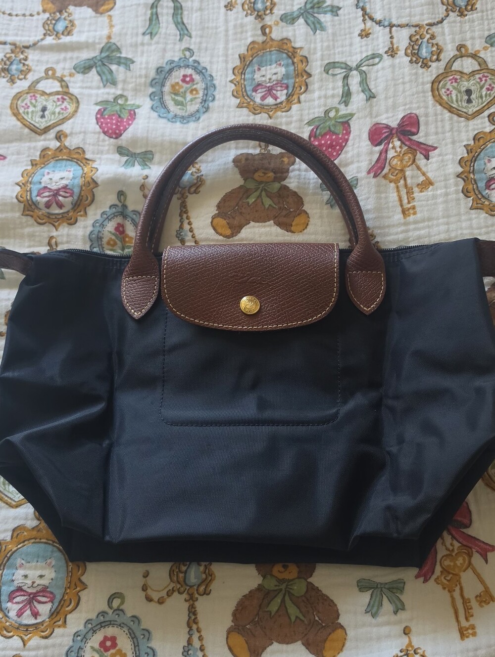 Longchamp Le Pliage Small Nylon Tote in Black with Brown Trim - Picture 8 of 12